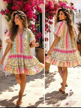 Boho Floral Tiered Midi Dress in Pink & Green